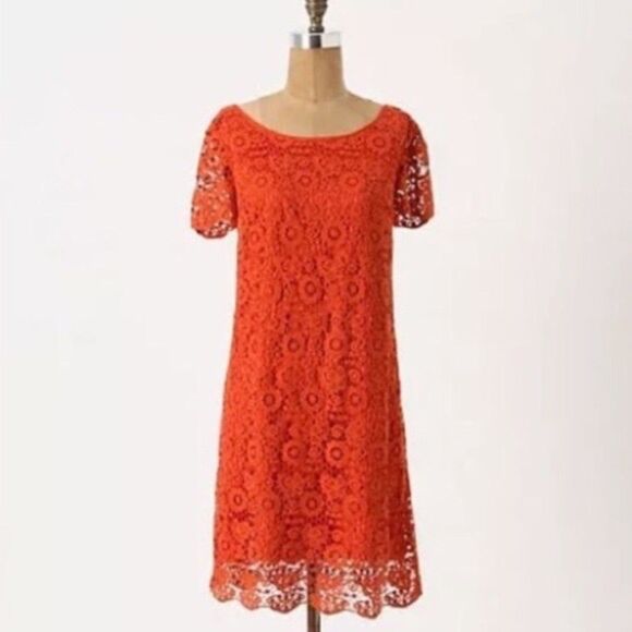 Anthropologie Moulinette Soeurs Horkelia Lace Short Sleeve Shift Dress in Orange - Picture 3 of 12
